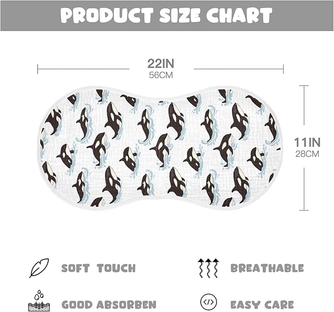 Muslin Burp Cloths for Baby Boys and Girls - 2-Pack Ultra Absorbent Killer Whale Orca Muslin Washcloths, Newborn Towel, Milk Spit Up Rags, Burp Cloth Bibs for Unisex, 22 x 11 Inch