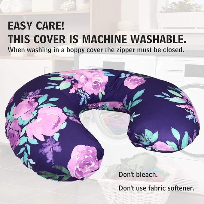 Purple Floral Nursing Pillow Cover, Breastfeeding Pillow Slipcover for Baby Boys & Girls, Nursing Pillow Case for Newborn, Soft Fabric Fits Snug On Infant, Washable & Breathable, Watercolor Flower