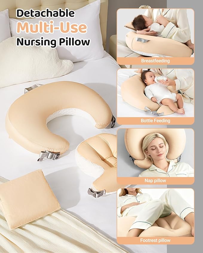 Nursing Pillow for Breastfeeding, 3-in-1 Detachable Baby Feeding Pillow with Removable Support Cushions, Gentle Elevation for Reducing Spit-Up & Gas, Breathable Washable Cover (Yellow)