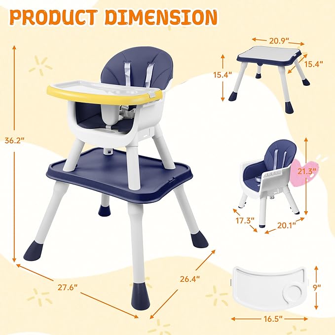 High Chairs for Babies and Toddlers, 5-in-1 Convertible Baby High Chair to Booster Seat with Removable Tray, Kids Learning and Building Block Activity Table with Safety Harness, Blue