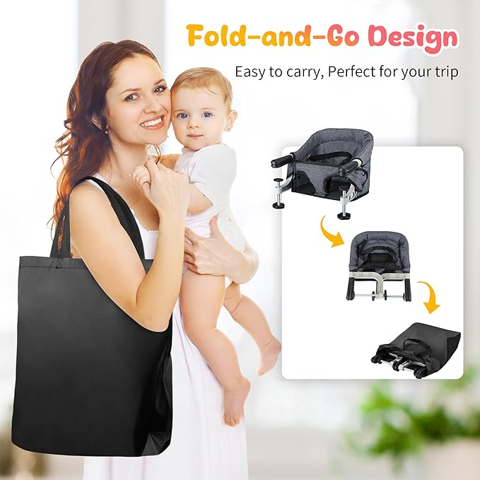 Hook On High Chair for Babies 6-36 Months | Secure & Portable Foldable Travel High Chair | Clip On Baby Feeding Seat with Non-Slip Aluminum Clamp, Detachable Washable Cover & Carry Bag (Grey)
