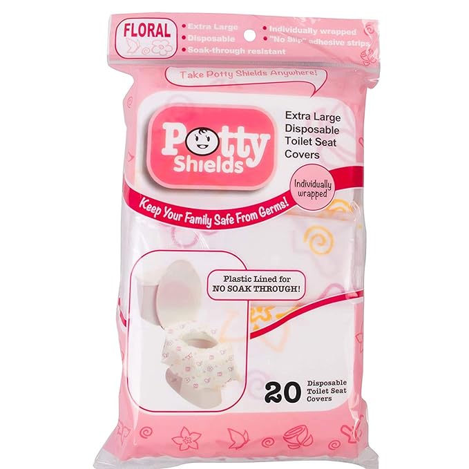 Potty Shields Toilet Seat Covers Disposable (20 Pack, Floral) - XL Waterproof Toilet Cover for Toddlers, Kids & Adults - Portable & Individually Wrapped for Travel, Potty Training & Public Restrooms