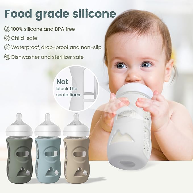 4 Pack Silicone Sleeves for Philips Avent Natural Glass Baby Bottles, Food Grade Silicone Cover and 4pcs Travel Caps, Lids Replacement (Dark Blue+Dark Green+Grey+Beige, 8oz)