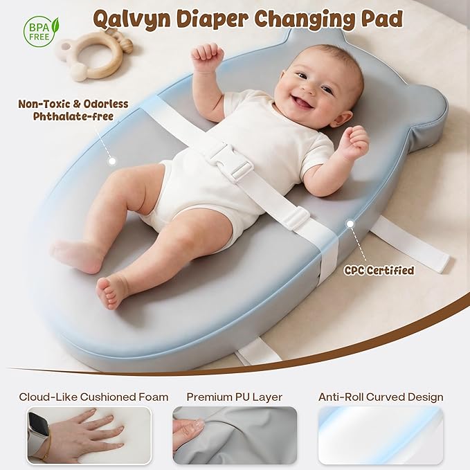 Baby Diaper Changing Pad with Wipeable & Waterproof PU Cover, Contoured Baby Changing Pad for Dresser, Non-Slip Changing Table Pad with Adjustable Strap, Cushioned Contoured Foam Grey