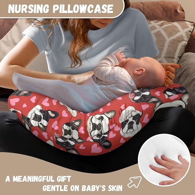 Jeiento Red Love Heart French Bulldog Nursing Pillow Covers Soft and Comfortable Nursing Cover for Breastfeeding Pillow