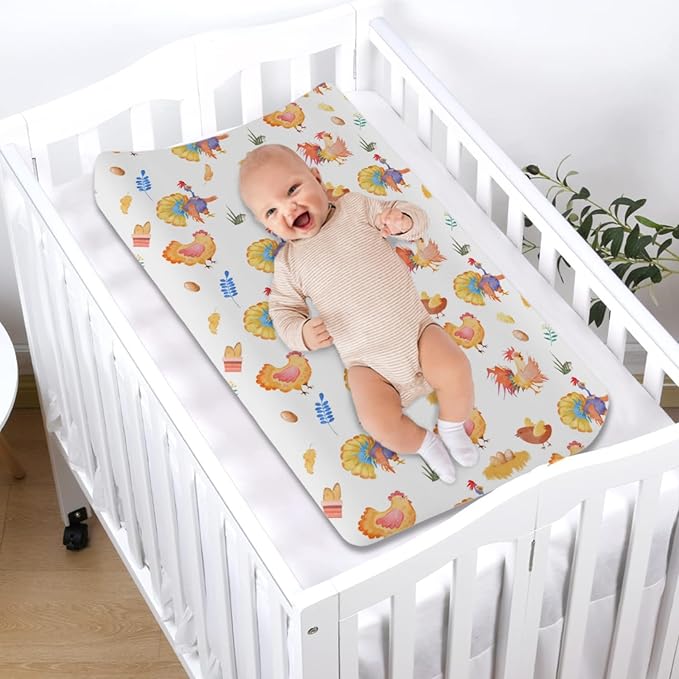 Rooster Hens Chicken Eggs Floral Leaves Changing Pad Covers for Boys Girls Chicken Farm Animals Unisex Diaper Change Table Sheets Soft Breathable Stretch Fitted Changing Pad Sheets Mats 32''x16''