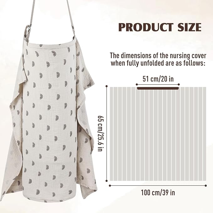 Cinaci 2 Pack Pure Cotton Muslin Lightweight Breathable Breastfeeding Nursing Cover Blankets with Adjustable Metal Clasp (Rainbow Khaki+Khaki)