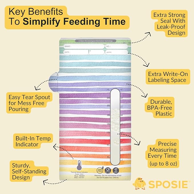 SPOSIE SimpleFeed Breast Milk Storage Bags | Feeding Made Easier | 8oz, 200 Count | Easy Pour, Temperature Sensor, Freezer Safe, Leak-Proof, BPA-Free (Pack of 2)