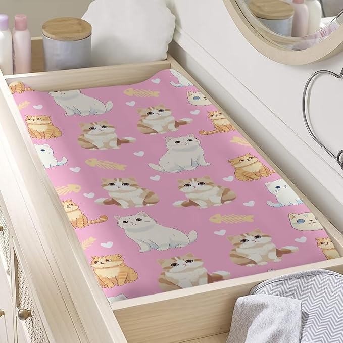 Stretchy Diaper Changing Table Cover, Snug and Soft Change Table Pad Covers Fit 16 * 32 Inches, Kitties Pink