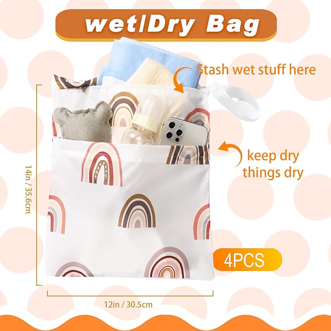 Frienda 4 Pieces Cloth Diaper Wet Dry Bag, Waterproof Reusable Washable Bag for Baby Items and Travel Zippered Pockets with Handle, Beach, Swimsuit, Dirty Gym Clothes and Toiletries(Boho)