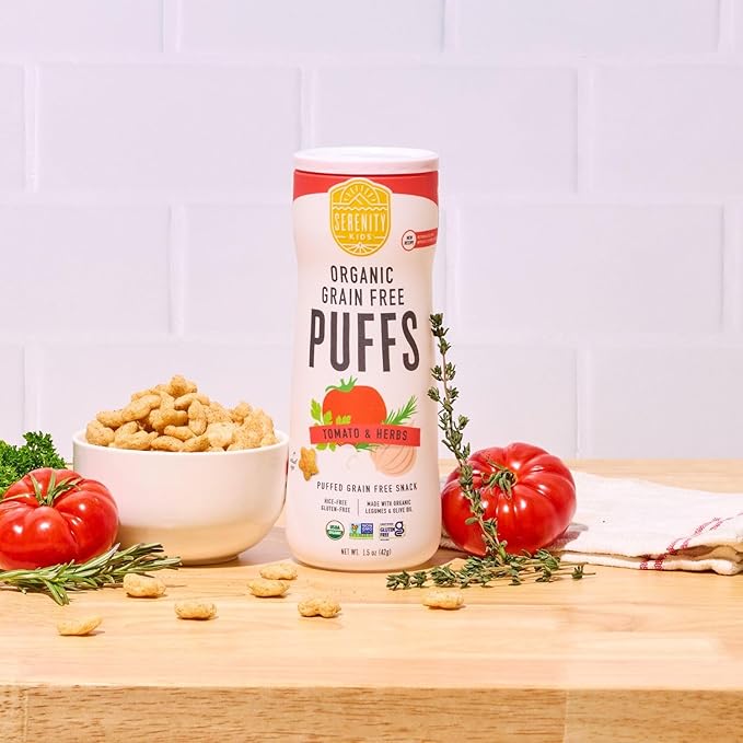 Serenity Kids 6+ Months Grain-Free Baby Puffs - Tomato & Herbs USDA Organic Baby Snacks - Allergen Safe Toddler Snacks - Quick-Dissolve Infant Puffs - 1.5 Oz Pack of 1