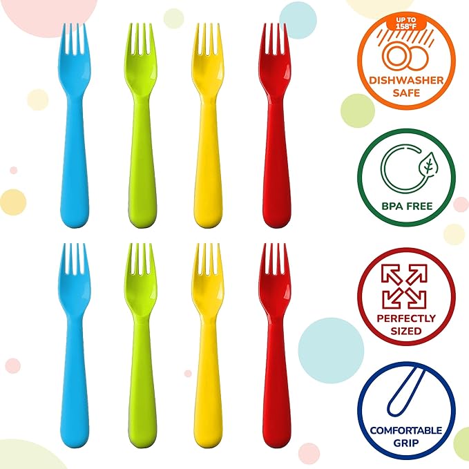 Plaskidy Plastic Toddler Forks - Set of 16 BPA Free/Dishwasher Safe Kids Utensils Brightly Colored Flatware Great for Kids