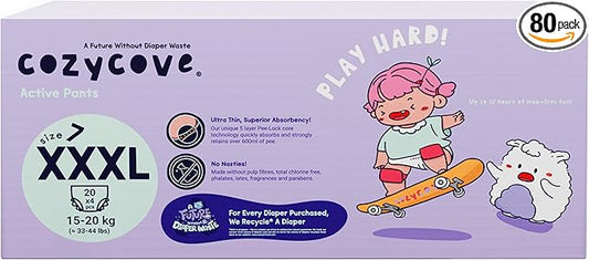 Cozycove Size 7 XXXL (33-44 lbs) Pull Up Training Pants | Totally Chlorine Free, Fragrance Free, Wetness Indicator | Play Hard Slim Active Pants | 80 Count (4 Bags of 20)