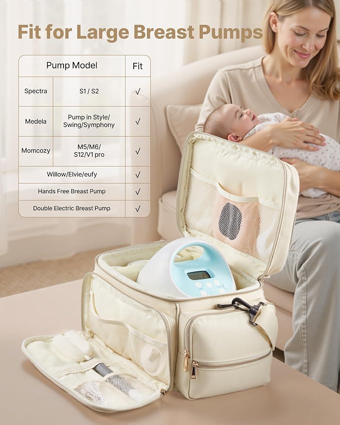 VEVOR Breast Pump Bag, Breast Feeding Bag with Waterproof Mat, Compatible with Spectra S1 & S2, Pumping & Breastmilk Storage, Portable Pump Carrying Case for Work, Travel and Family Use, Beige