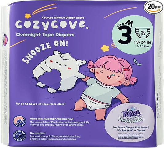 Cozycove Size 3 M (13-24 lbs) Diapers, 20 Count, Totally Chlorine Free, Skin-Friendly Material | Snooze On Slim Overnight Tape Disposable Diapers | 1 Bag of 20