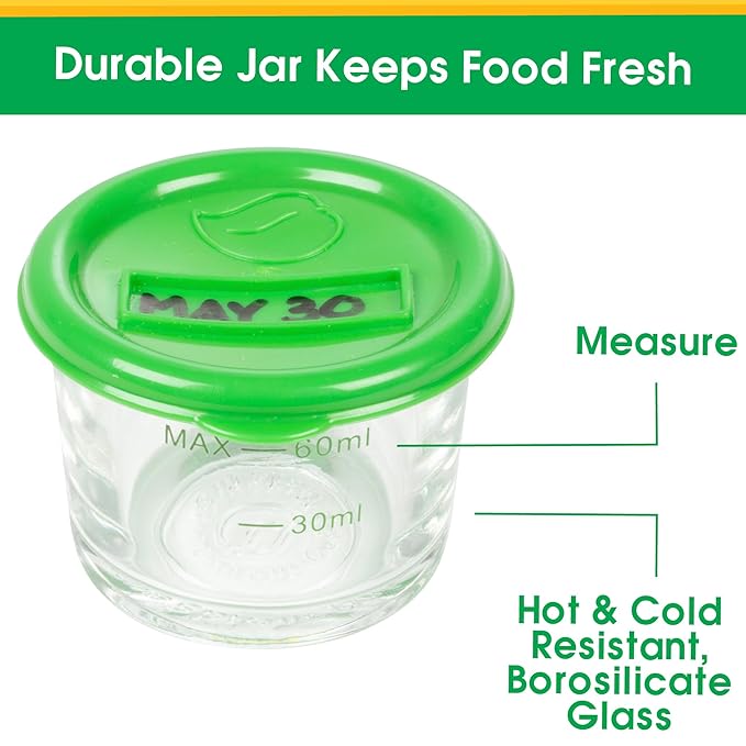 Glass Baby Food Storage Containers w Write What You Want Lids (12 Pk) - 2oz Jar Includes Lids, Storage Tray, Dry-Erase Marker - Microwave, Freezer, Dishwasher Safe - BPA & Phthalate Free