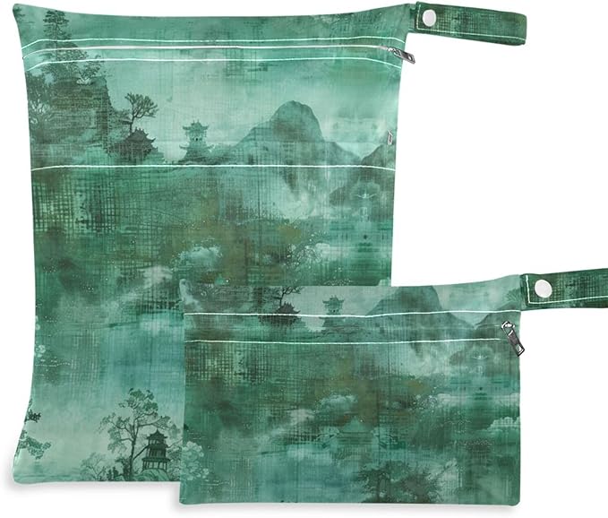Green Chinese Style Landscape Painting waterproof wet diaper bag 2 Pack travel essentials for baby with handles for pool, beach