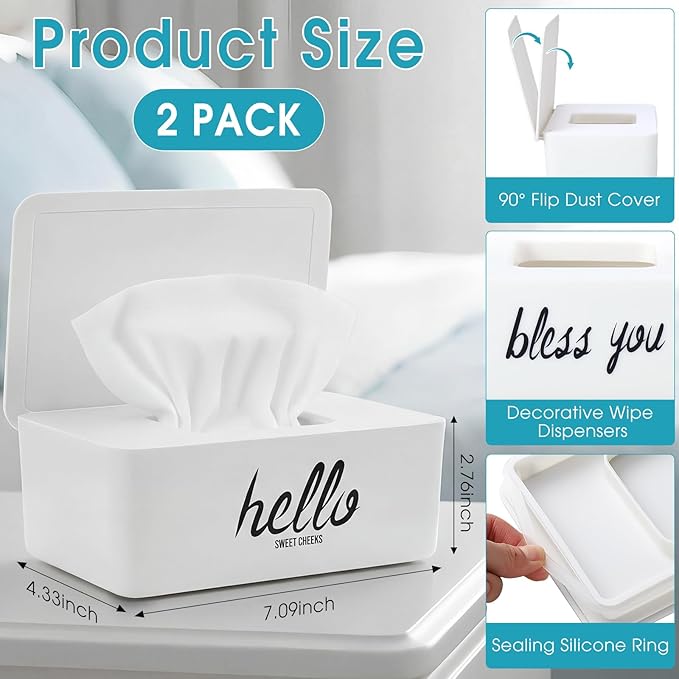 Hushee 2 Pack Wipe Dispenser Wipes Holder for Baby Adult Decorative Wipe Containers for Bathroom Home Office Cars(White)