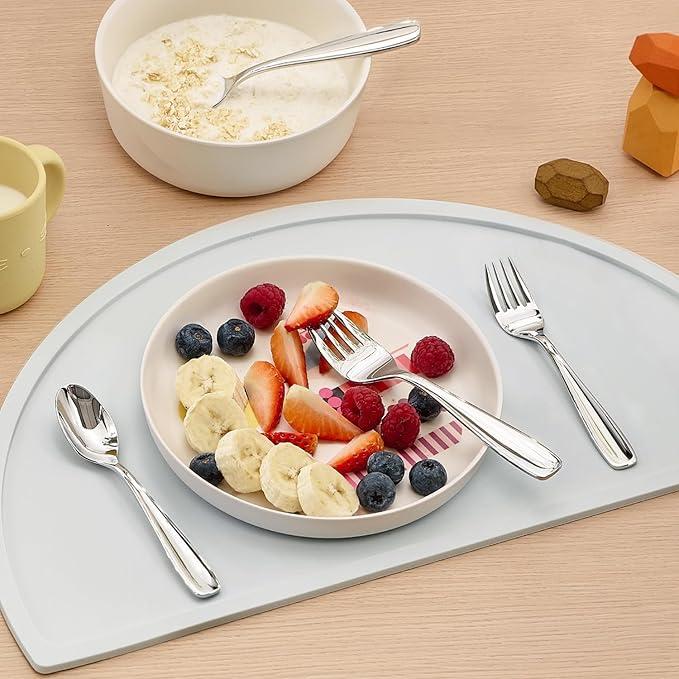 KINGSTONE Toddler & Kids Utensils Set - Large + Small 18/10 Stainless Steel Fork & Spoon, 4-Piece Food-Grade Kids Transition Silverware, Mirror Polished, Dishwasher Safe for Home & School