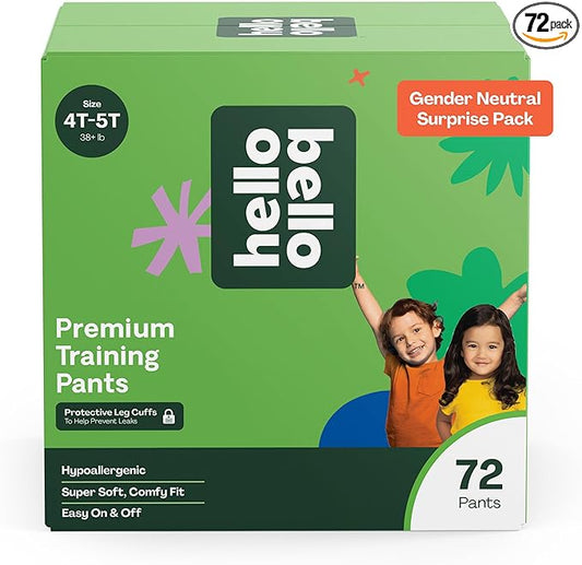 Hello Bello Premium Training Pants, Size 4T-5T (38+ lbs) Surprise Pack - 72 Count, Hypoallergenic with Soft, Cloth-Like Feel - Assorted Gender Neutral Patterns