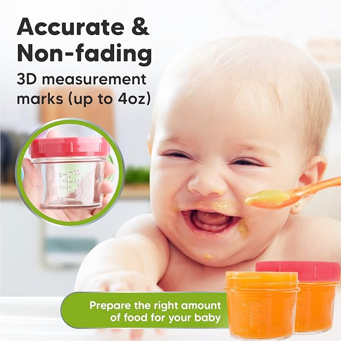 KeaBabies 12-Pack Baby Food Glass Containers and Silicone Baby Food Freezer Tray with Clip-on Lid - 4 oz Leak-Proof, Microwavable, Baby Food Storage Container - Breast Milk Trays for Freezer