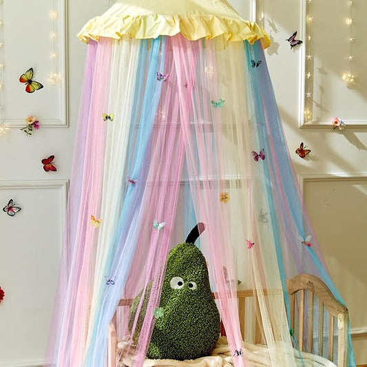 Yellow Rainbow Bed Canopy with Butterflies for Girls,Breathable Canopy Bed Curtain for Bed,Princess Play Tent for Kids Room Reading Nook