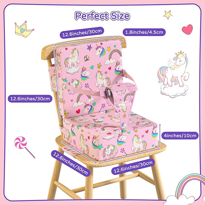 Booster Seat for Kitchen Chair with Backrest & 4 Adjustable Straps, TPU Waterproof & Anti-Scratch Toddler Booster Seat for Dining Table, Removable & Non-Slip(Unicorn)