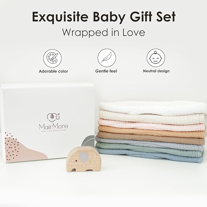 MairMore 8-Pack Baby Muslin Bibs, Soft Cotton Drool Bibs for Boys Girls, Adjustable and Absorbent Newborn Bib Set for Feeding and Drooling