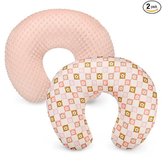 Nursing Pillow Covers 2 Pack, Orange Minky Dots Breastfeeding Pillow Slipcover for Baby Boys Girls, Ultra Comfortable Nursing Pillow Protector, Soft and Machine Washable, Flower Checkerboard