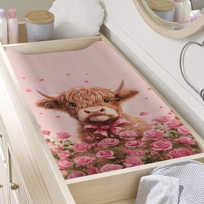 Valentines Day Changing Pad Cover Highland Cow Rose Flower Diaper Changing Mat Cover Sheets for Newborn Boys Soft Breathable Nursery Changing Table Sheets 32x16 Inch