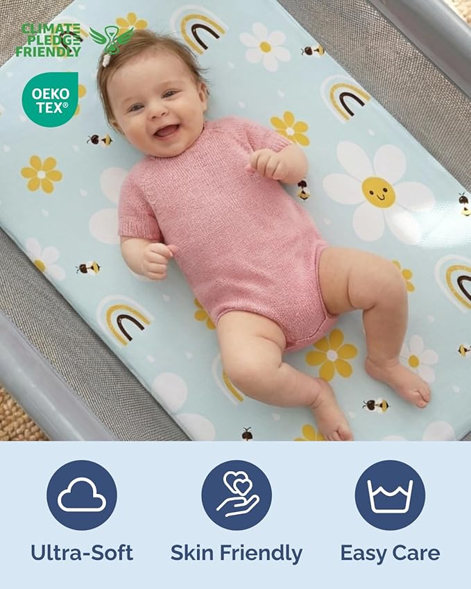 Pack and Play Sheets Fitted - 2 Pack Mini Crib Sheets for Pack N Play Mattress - Unisex Playard Microfiber Bedding for Boys & Girls - Breathable & Wrinkle Free - Oeko-Tex, 38 x 26in - Rainbow Bloom