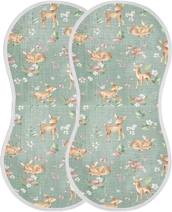 Baby Muslin Burp Cloths Set of 2 Woodland Fawn Muslin Washcloths Forest Animals Milk Spit Up Rags Soft Newborn Towel Burp Cloth Bib for Unisex Boys and Girls, 22 x 11 Inch