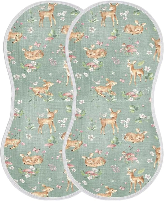 Baby Muslin Burp Cloths Set of 2 Woodland Fawn Muslin Washcloths Forest Animals Milk Spit Up Rags Soft Newborn Towel Burp Cloth Bib for Unisex Boys and Girls, 22 x 11 Inch