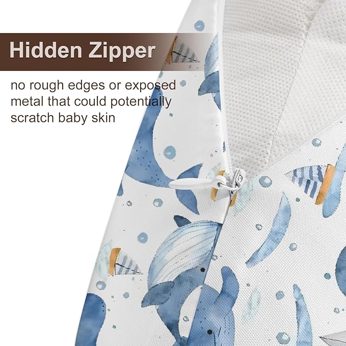 Watercolor Ocean Whale Pattern Nursing Pillow Cover, Unisex Sea Animals Sailboats Removable Breastfeeding Pillowcase Slipcover for Baby Girls Boys Newborns Toddlers, Cover Only