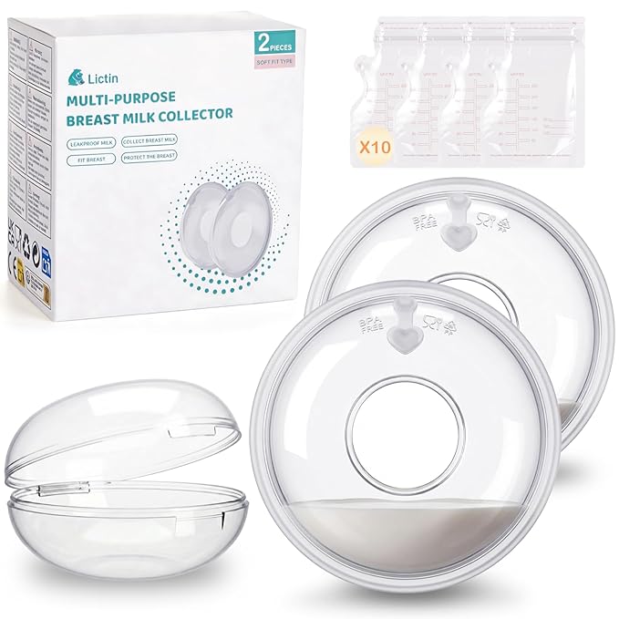 Lictin Breast Milk Collector, Milk Collectors for Breastfeeding, 2PCS Breastmilk Cups, 60ML Milk Collection Shells with 10PCS Milk Storage Bags(Silicone Storage Box), Milk Catcher for Nursing Moms