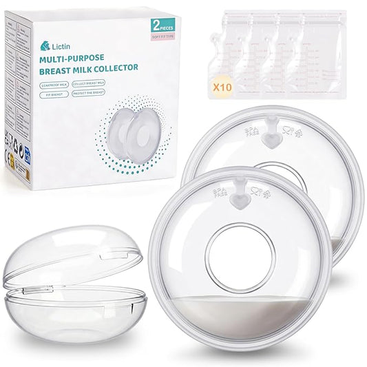 Lictin Breast Milk Collector, Milk Collectors for Breastfeeding, 2PCS Breastmilk Cups, 60ML Milk Collection Shells with 10PCS Milk Storage Bags(Silicone Storage Box), Milk Catcher for Nursing Moms