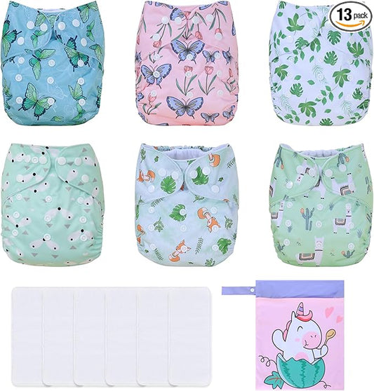 TDIAPERS Cloth Diapers Reusable Washable Pocket Diapers Cover One Size Adjustable for Baby Snaps Cloth Diapers Nappy 6 Pack with 6 Pcs Microfiber Inserts,1 Wet Bag