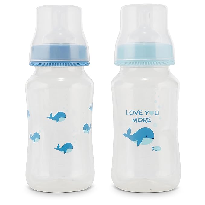 Premium 2-Pack Baby Bottles - 11 Ounce, Hourglass Shape, Fun Boys and Girls Prints, Clear Cover - BPA-Free