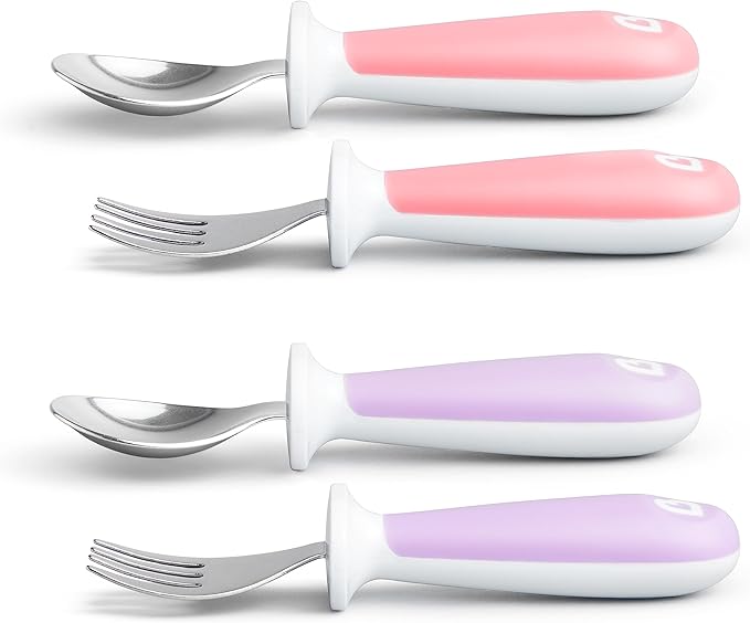 Munchkin® Raise™ Toddler Fork and Spoon Utensil Set, Rest Keeps Tip Off Table, BPA Free, 4 Pack, Pink/Purple