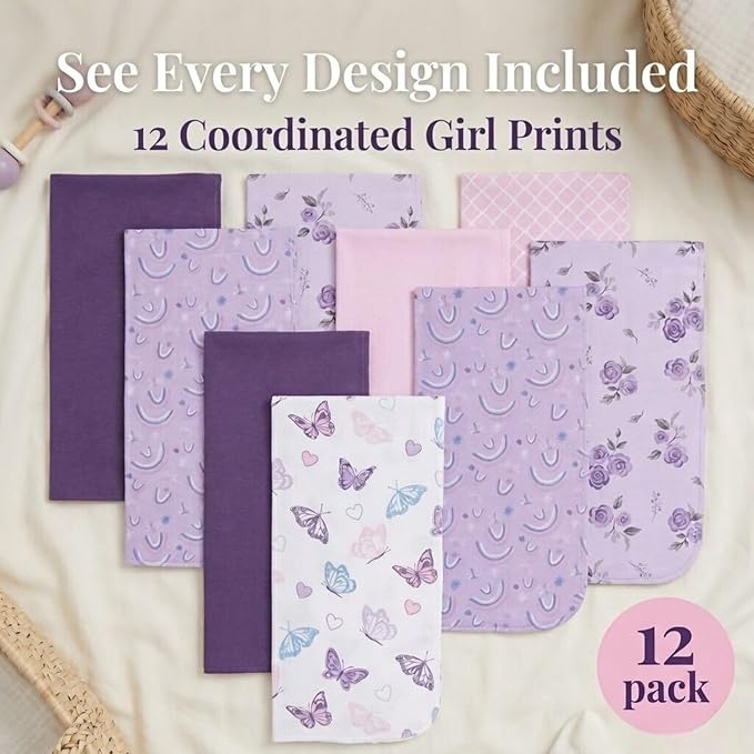 EVERYDAY KIDS 12 Pack Burp Cloths for Baby Girl; Newborn Essential with - Large Absorbent Cotton Flannel Purple/Pink Burping Cloths for Babies with Butterfly, Floral and Rainbow Prints and Solids