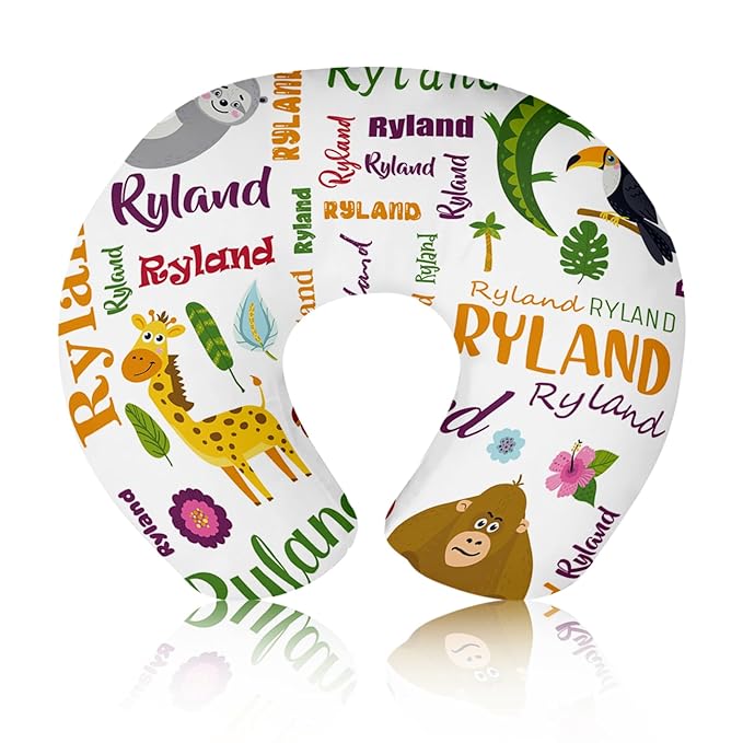 Baby Nursing Pillow Cover - Personalized Name Breastfeeding Pillow Cover with Animals Pattern, Stretchy Removable U-Shaped for New Moms, Soft Breathable Slipcover for Infant Boys Girls