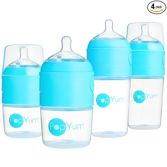 PopYum Blue Formula Making Baby Bottle Starter Set, 4-Pack, 2X 5oz Bottles with #1 Slow Flow Nipples + 2X 9oz Bottles with #2 Medium Flow Nipples, Mixing, Dispenser