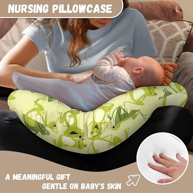 Jeiento Cute Frog Pattern Nursing Pillow Covers Green Frog Nursing Pillow Slipcovers Elastic Soft Breastfeeding Pillow Slipcover Baby Sitting Support,Pillow Cover Only