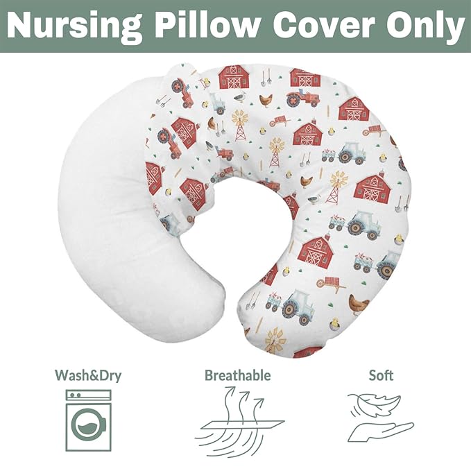Farm Animals Life Baby Nursing Pillow Covers for Boy Girl Tractor Barn Pig Hen Duck Windmill Nursery Feeding Pillowcase for Breastfeeding Pillows Farmyard Soft Stretchy Slipcover for Newborn Infant
