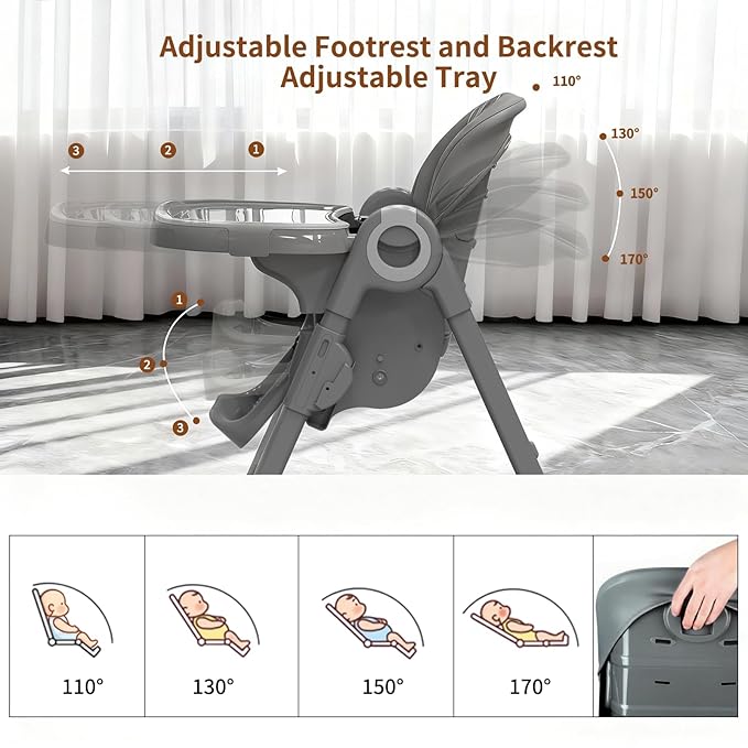 babimoni 4 in 1 High Chairs for Babies and Toddlers, Foldable Baby High Chairs, Feeding and Eating Seat Highchair with 4 Levels of Recline and 7 Levels of Height Adjustment, Starry Gray