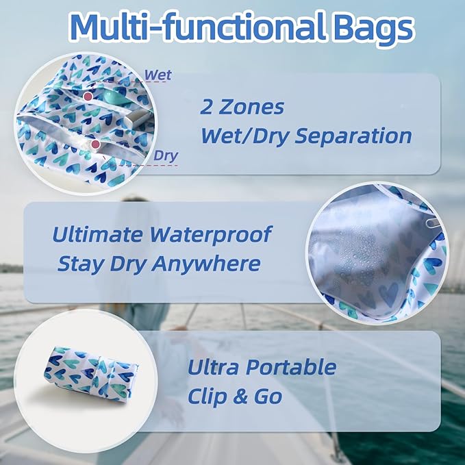 Waterproof Wetbag, Wet Bags for Baby Cloth Diapers and Soiled Clothes, Reusable Wet Bag for Swimsuit and Towels with Double Zipper Pockets, Travel Beach Pool Essentials