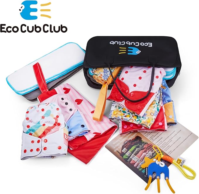 Reusable Washable Cloth Diapers 6pcs for Baby Shower,Leak-Proof Double Gussets Quick-Dry AWJ Lining,12 Soft Fleece Inserts & 2 Wet Bags,Packed in Durable Travel Handbag&Key Chain-G-09-A