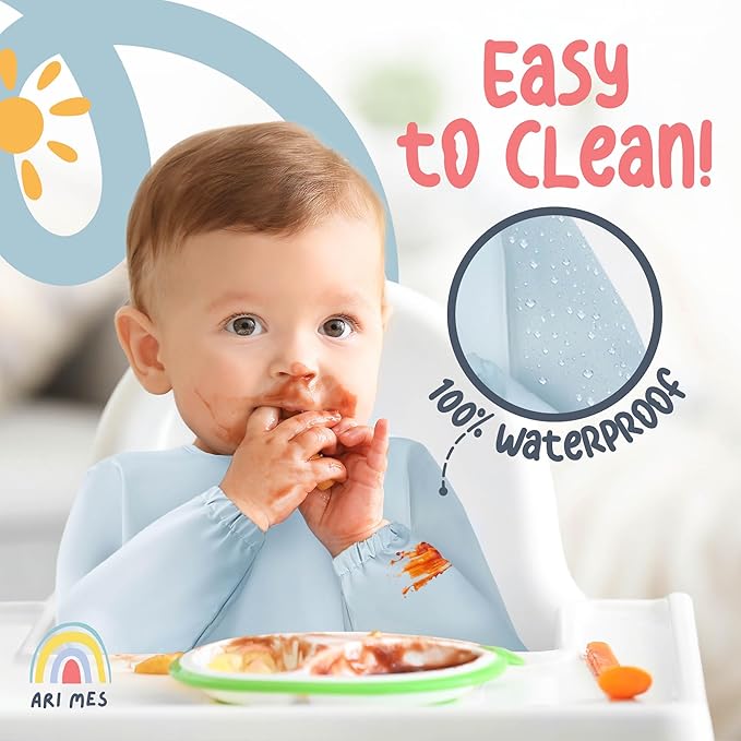 ARI MES Waterproof Long Sleeve Baby Bib for Eating-Yellow Stripes Pattern, Small-Toddler Smock with Catch-All Pocket, BPA Free, Machine Washable, Wearable Feeding Bib for Boys & Girls 6-72 Months