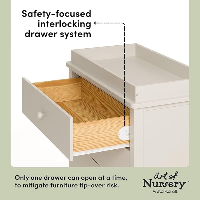 Storkcraft Rio 3 Drawer Chest with Changing Topper (Frosted Oat) – GREENGUARD Gold Certified, Premium Wood Dresser for Baby & Kids Bedroom, Safety Interlocking Drawers, Pre-Installed Tracks