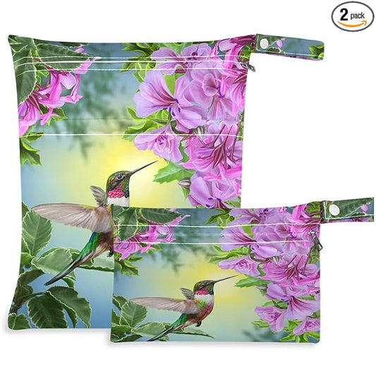 visesunny Spring Bird Hummingbird Hibiscus Flowers Summer Welcome 2Pcs Wet Bag with Zippered Pockets Washable Reusable Roomy Diaper Bag for Travel,Beach,Daycare,Stroller,Diapers,Dirty Gym Clothes